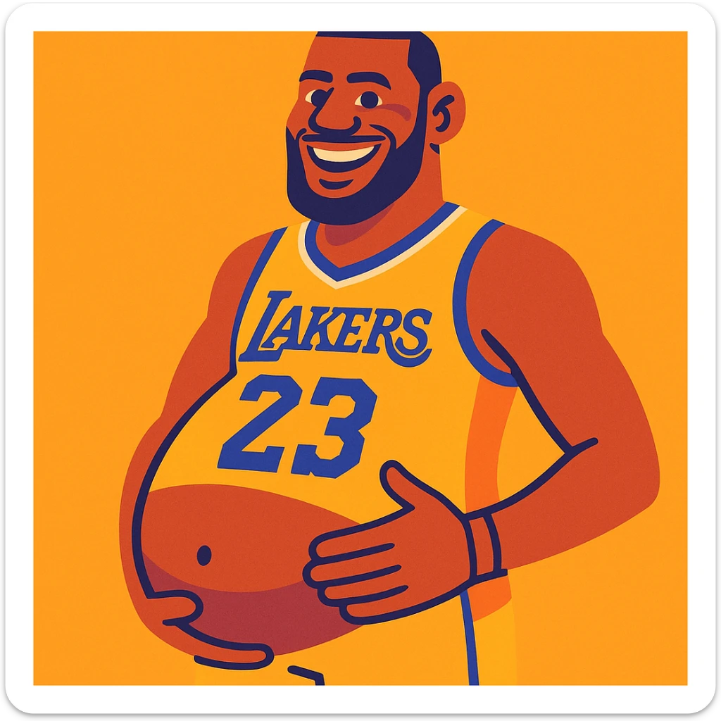 playful illustration of LeBron James with a baby bump, smiling sticker