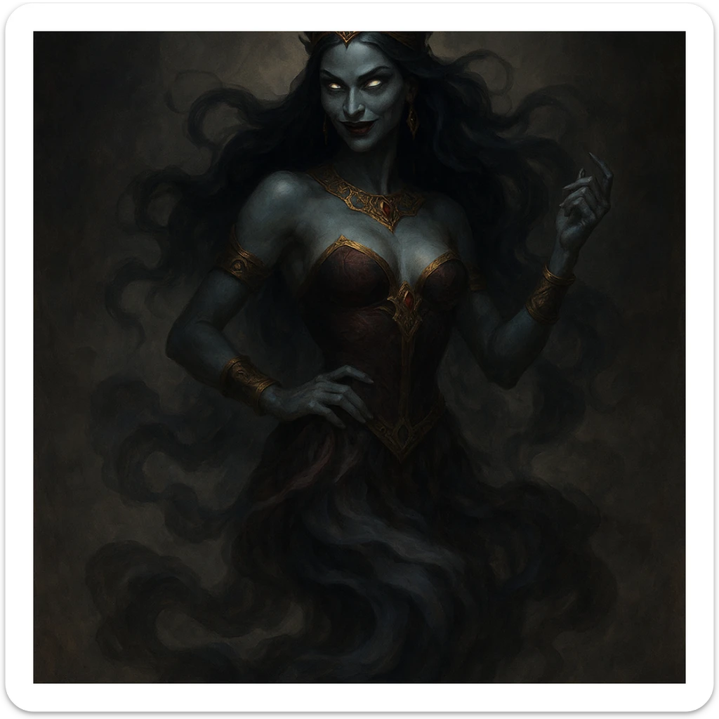 a beautiful but evil jinn queen, ethereal, smoke-like lower body, regal pose, sinister expression, fantasy art sticker