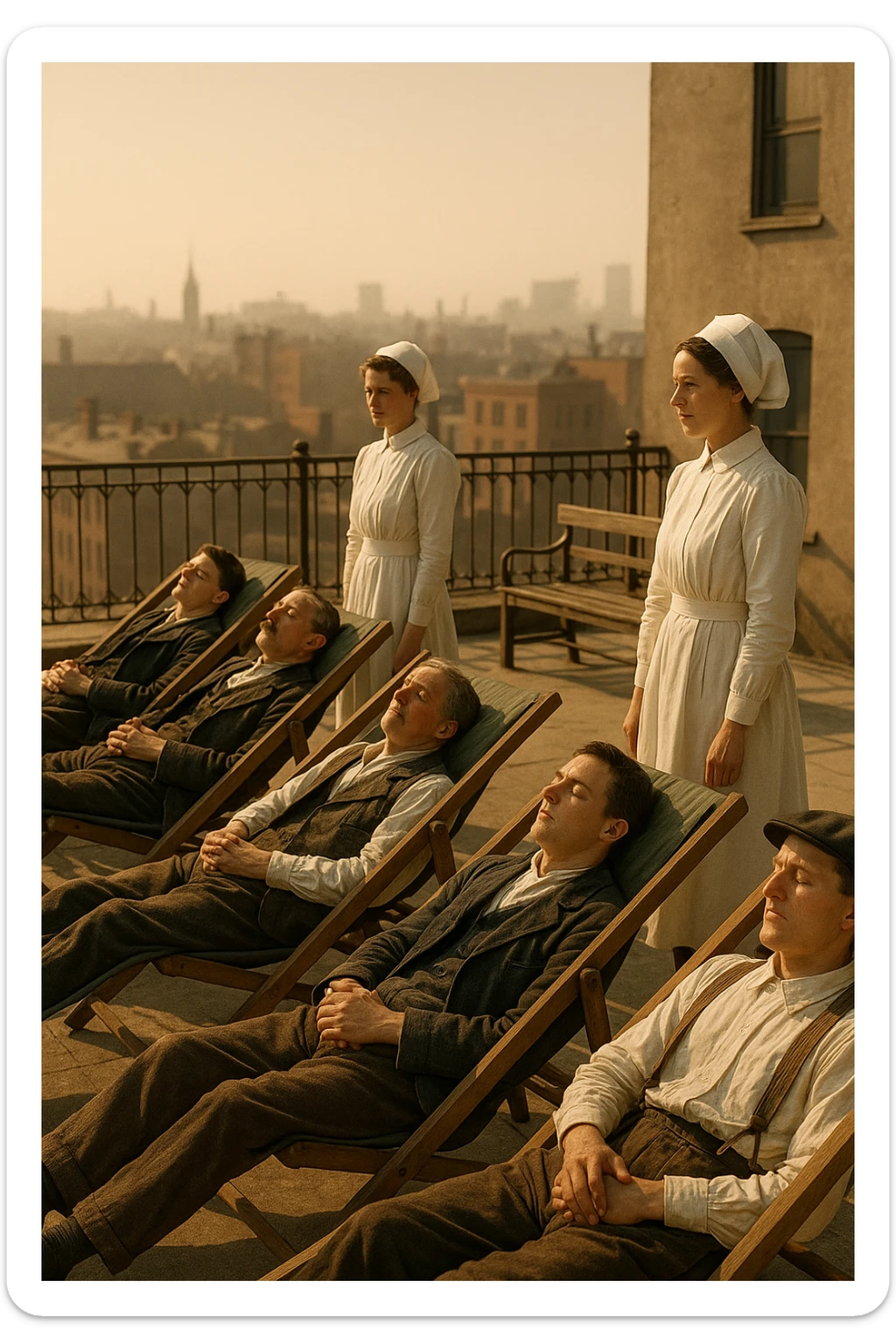 A realistic cinematic image of a hospital rooftop solarium from the 1900s, patients sunbathing under nurse supervision for heliotherapy against tuberculosis and rickets. sticker