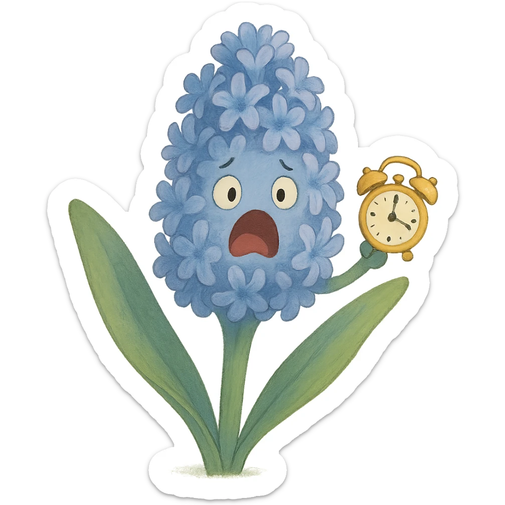 pastel blue hyacinth flower with alarmed eyes and a screaming mouth, waving a tiny alarm clock, fluffy and round, soft ghibli style sticker