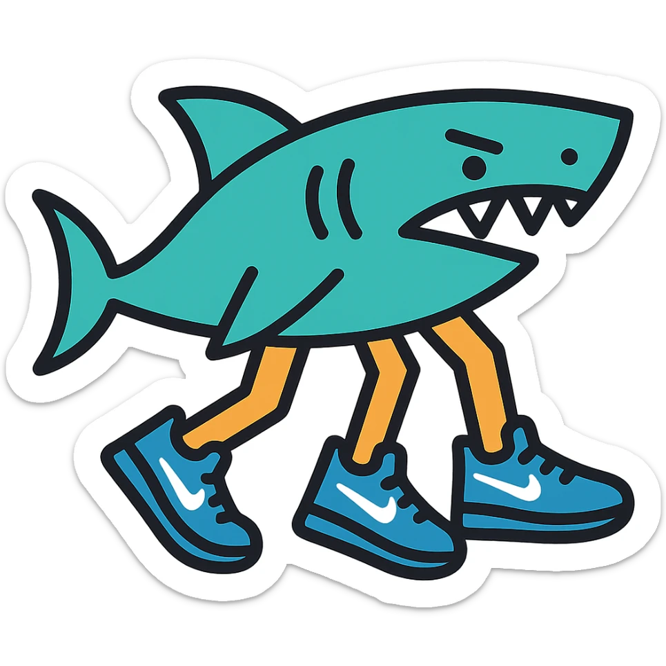 Haz que las zapatillas sean azules, mantén el estilo icono lineal, fondo transparente, el tiburón sigue con tres patas y el logo Nike blanco en las zapatillas. sticker