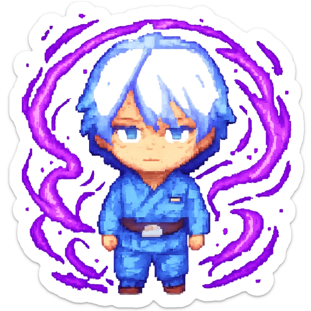 Add swirling purple energy effects around Gojo Satoru in pixel art style, preserving the transparent background. The energy should look dynamic and magical, enhancing the character's presence with vibrant purple hues and swirling motion. sticker