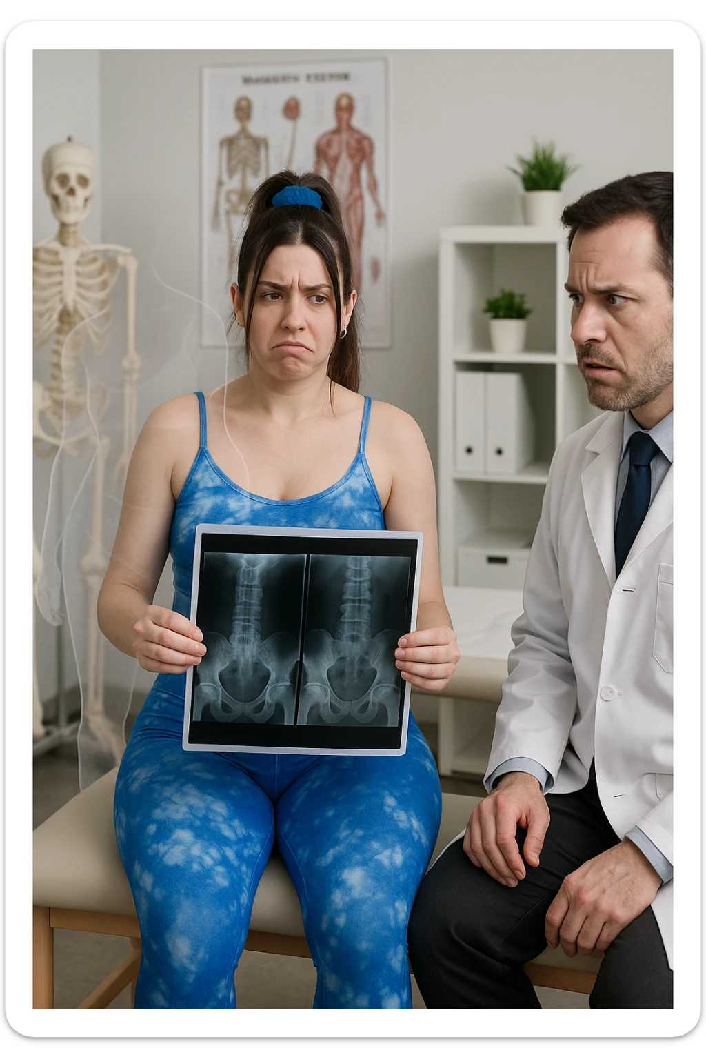 a person sits in a doctor’s office, holding medical imaging results (like X-rays or MRI scans) that appear normal. However, a subtle shadow or ghosted outline around their body reveals postural asymmetries—such as uneven shoulders or hips—that are not visible in the scans. The doctor looks puzzled, while the patient appears frustrated. sticker
