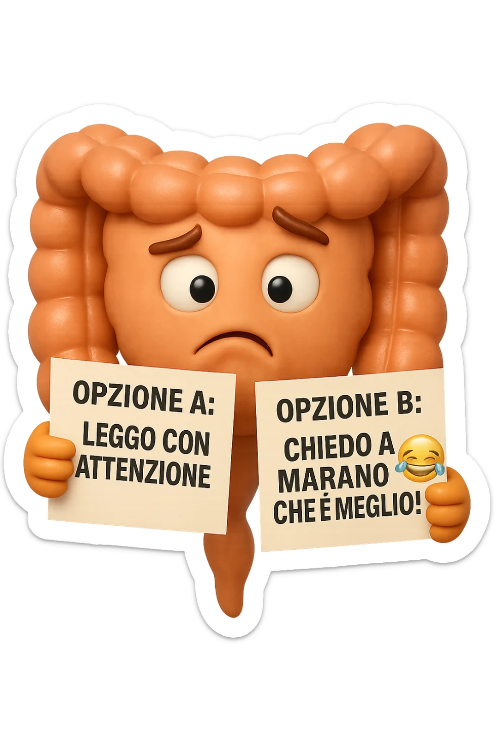 SU QUESTO STILE FAI UN EMOJI STILE IPHONE 3D DI UN INTESTINO CHE HA nella mano destra "OPZIONE A: LEGGO CON ATTENZIONE" E NELLA MANO SINISTRA" OPZIONE B: CHIEDO A MARANO CHE è MEGLIO! (METTICI UNO SMILE CON RISATE QUI)", FAGLI UN ESPRESSIONE CONFUSA MENTRE GUARDA L'OPZIONE A E FALLO MOLTO REALISTICO IN 3D sticker