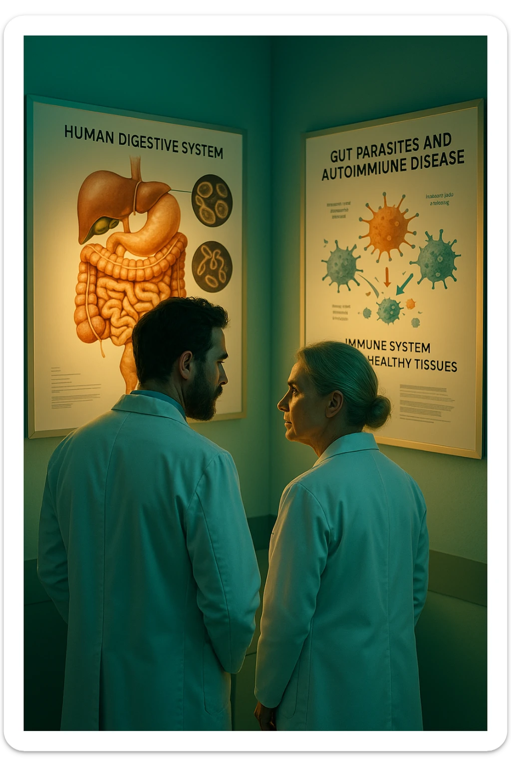 In italiano Realistic, detailed photo taken from behind of two doctors—a bearded man and a middle-aged woman—standing side by side in a modern medical office, intently studying a large, illuminated medical chart on the wall. The chart displays a detailed diagram of the human digestive system, highlighting the intestines and showing microscopic images of intestinal parasites. Next to it, another chart illustrates the immune system attacking healthy tissues, visually connecting gut parasites to autoimmune disease mechanisms. The room is bathed in a single green-blue color, with a warm, yellow-orange light casting soft shadows around the doctors. Both wear white coats and have serious, focused expressions, suggesting a deep discussion about the root causes of autoimmune conditions. Shot with a Canon EOS R5, with high detail, natural depth of field, and a clinical yet dramatic atmosphere. sticker