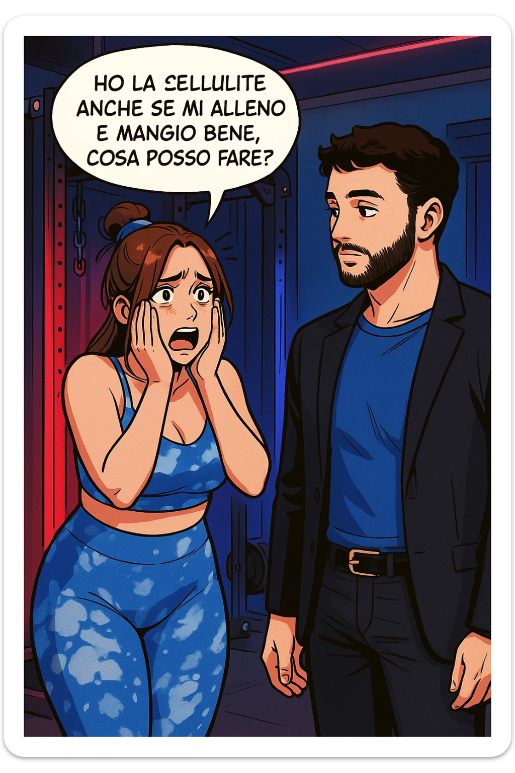TRASFORMA QUESTO CAROSELLO IN UN FUMETTO STILE WEBTOON/MANGA A COLORI CON QUESTE DUE PERSONE IDENTICHE CHE INTERLOQUISCONO TRA LORO, LA DONNA è DISPERATA CON LE MANI SULLE GUANCE E STA DOMANDANDO TUTTA AGITATA UNA COSA ALL'UOMO:

LEI (DONNA): Ho la cellulite anche se mi alleno e mangio bene, cosa posso fare? sticker