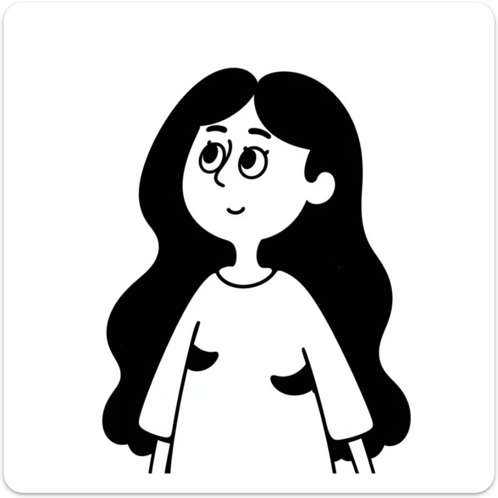a confused white girl with long black hair and brown eyes, hand drawn doodle style sticker