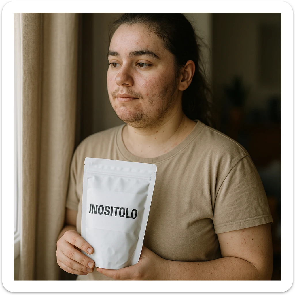 Realistic photograph of a woman with PCOS standing near a window holding a package with the label 'Inositolo' clearly visible. She has acne and facial hair, thin hair, and a relaxed expression in a domestic environment with natural light. sticker