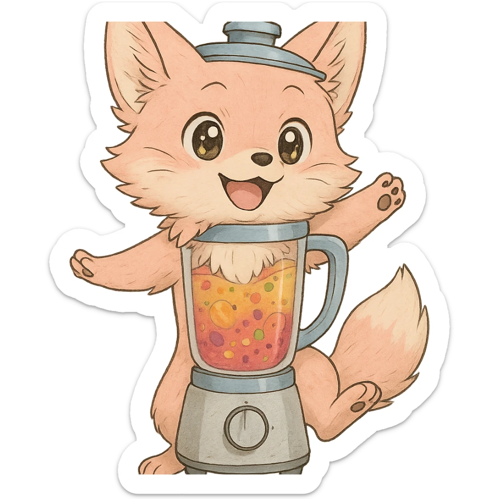 detailed full-body ghibli inspired chibi fox with pastel pink fur transformed into a blender, transparent body filled with luscious multi-fruit smoothie, expressive sparkling eyes, joyful dynamic pose, highly detailed sticker