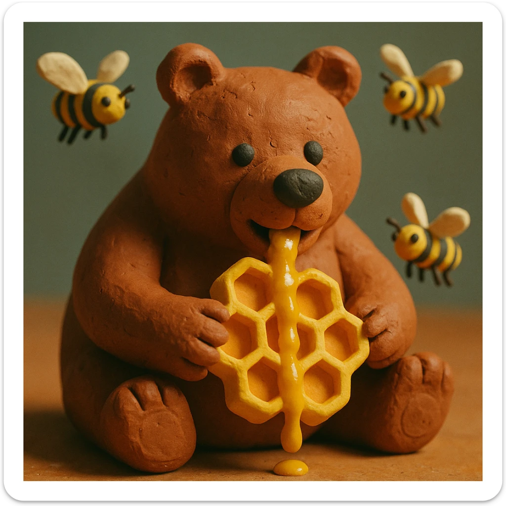 bear eating honeycomb with bees flying around sticker