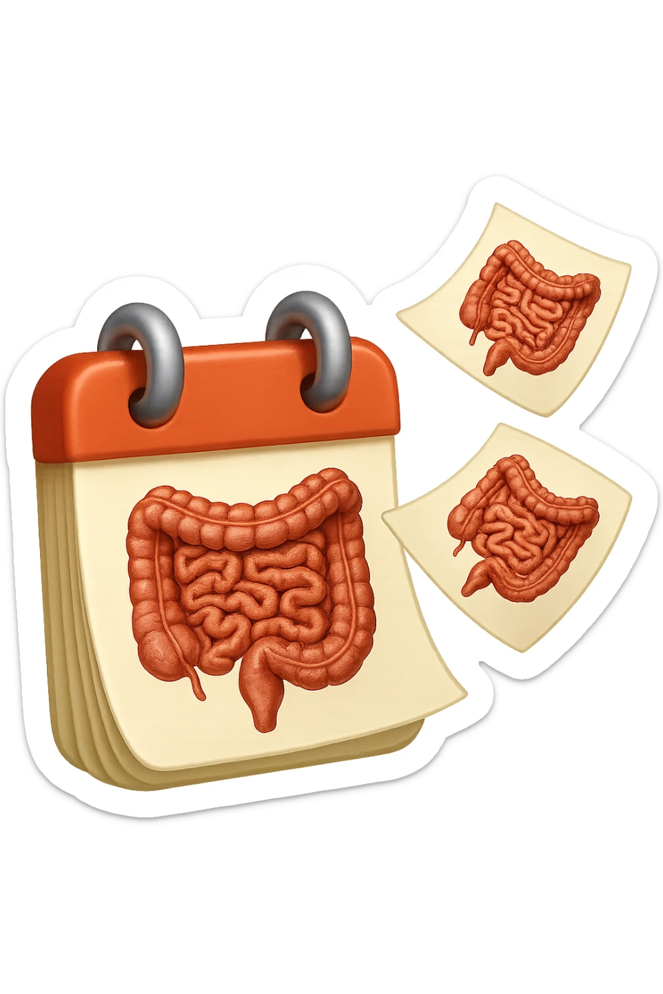 emoji stile iphone di un calendario con fogli che volano insieme, sui fogli ci sono disegnati degli intestini anatomici, iperrealistico 4k, isolato su sfondo bianco sticker