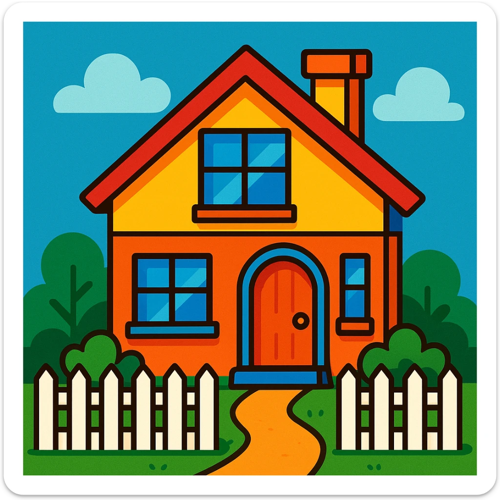 a cheerful family house with a picket fence, in a vibrant toon style sticker