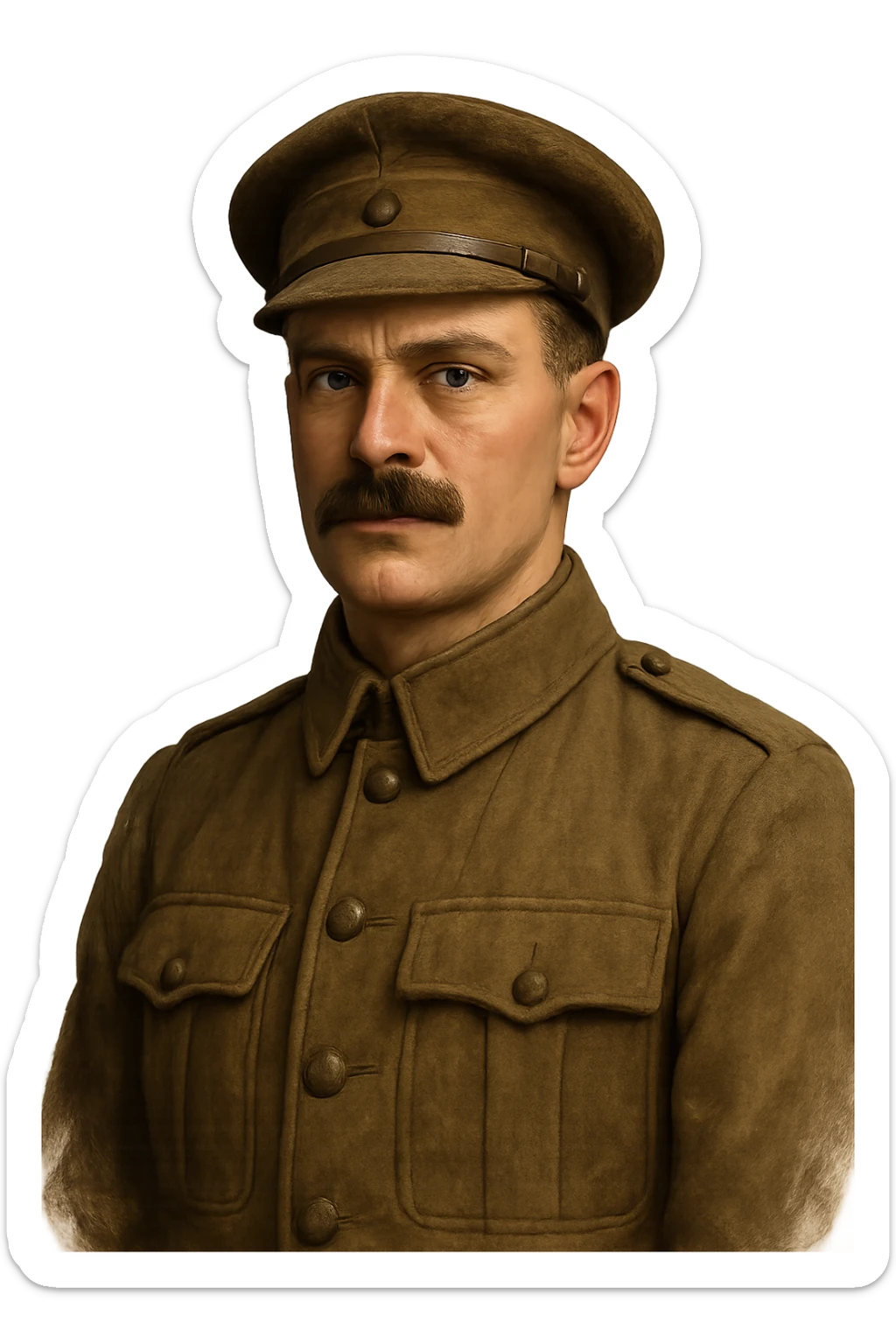 portrait of a man with a square moustache in a brown soldier's outfit, no background sticker