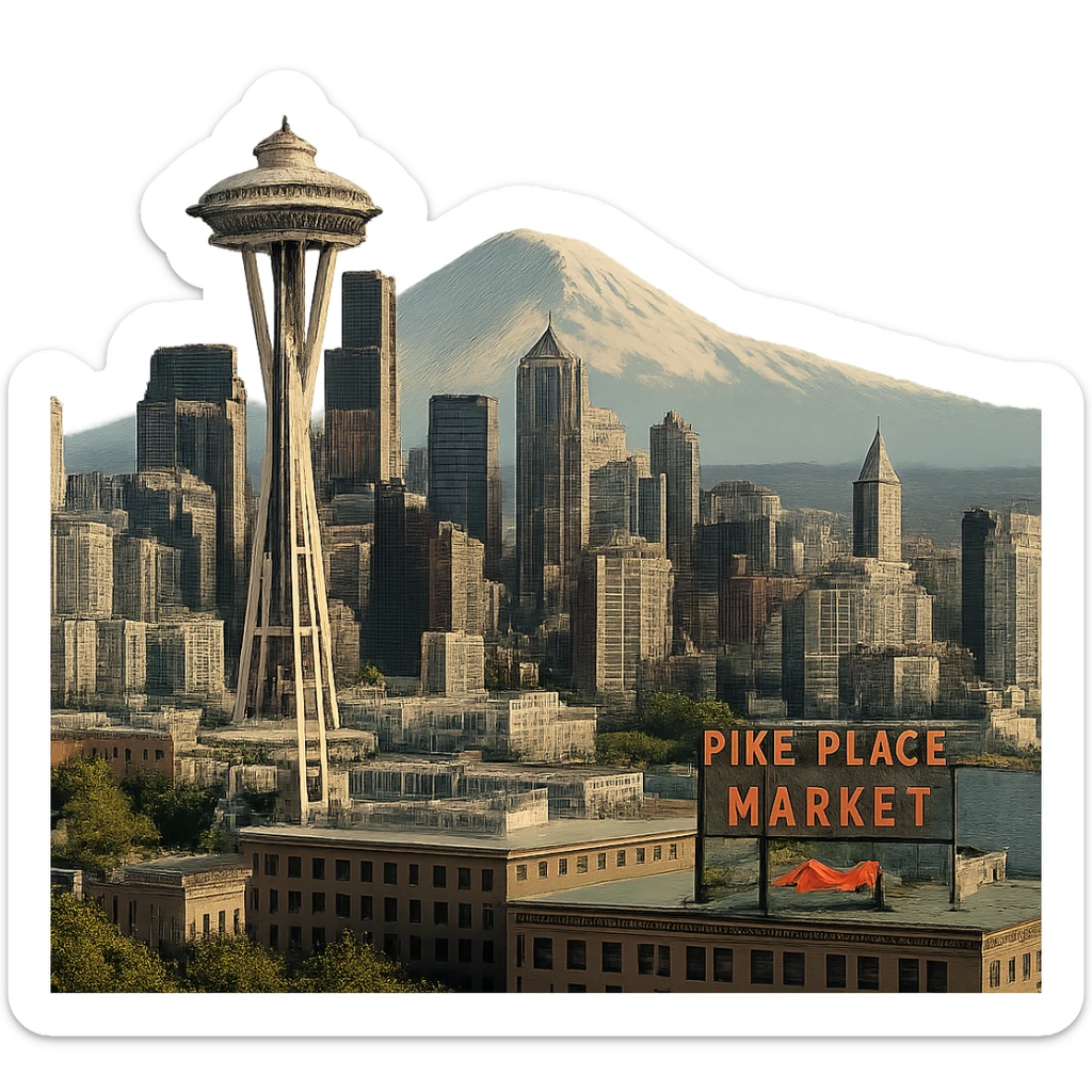 cinematic realistic emoji of Seattle, wide city view with iconic landmarks including Space Needle, Smith Tower, Mount Rainier in the background, Pike Place Market, lifelike detail, accurate colors, bright daytime lighting, no sky, no clouds, fully transparent background sticker