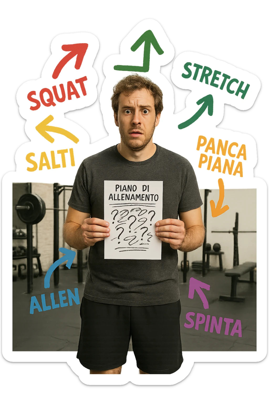 a person stands in the center of a gym, surrounded by arrows pointing in all directions, each labeled with a different exercise (e.g., “squat,” “Salti,” “stretch,” “Panca Piana”). The person looks bewildered, holding a workout plan with scribbles and question marks. The scene is colorful but visually messy, symbolizing confusion. in italiano immagine iperrealistica sticker