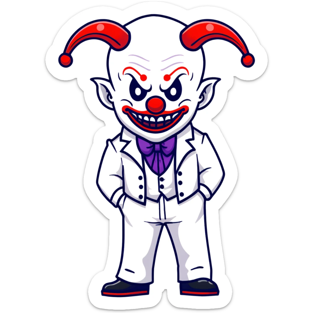 full-body demonic clown in a white leisure suit with bellbottom pants, bald, black ram horns, wearing elevator shoes sticker