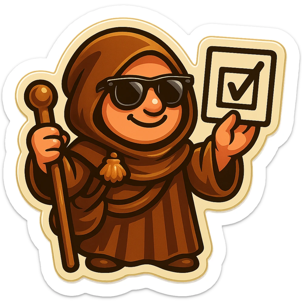 Add sunglasses to the pilgrim wearing a brown cloak in a sticker style with a friendly atmosphere. Keep the background transparent. sticker