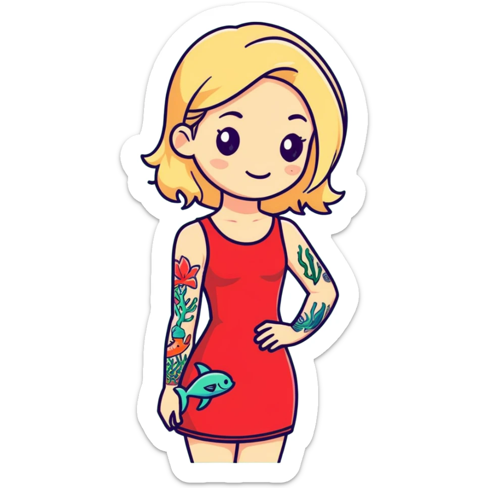 Blonde girl with dark roots wearing a red dress. One arm marine life tattoos sticker