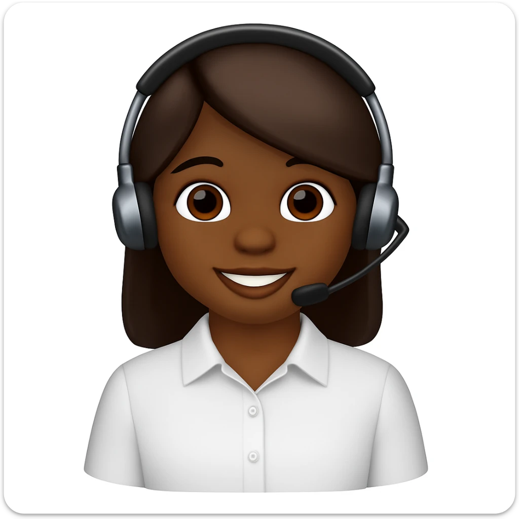 Create an emoji in iPhone style of a smiling brown-skinned girl wearing a telemarketing headset and a basic white shirt (not a polo). The style should resemble iPhone emojis. sticker
