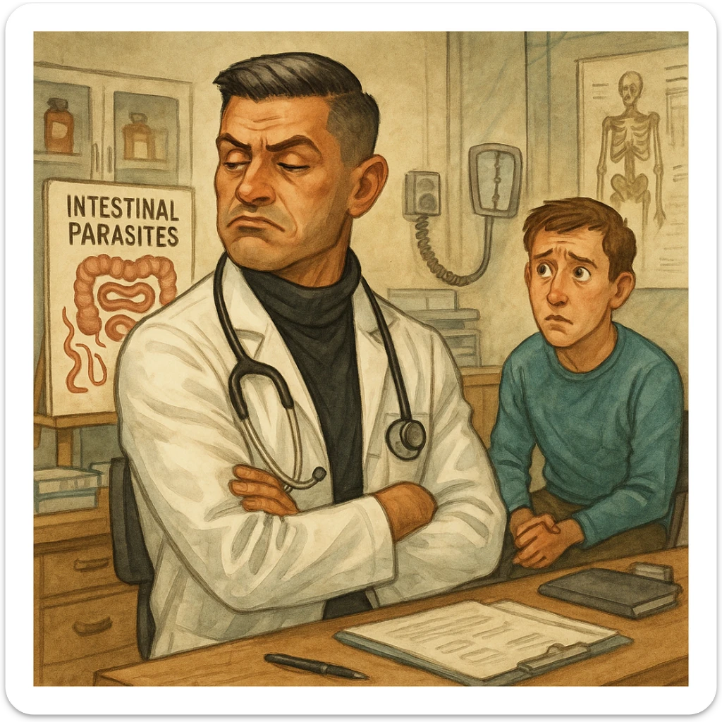 Create a semi-realistic or expressive style image of a male doctor inspired by the reference image, wearing a white coat. The doctor is turning away from a patient chart with intestinal parasites, showing an indifferent or annoyed expression. The patient looks concerned. The background is a doctor's office. The tone is ironic highlighting negligence. sticker