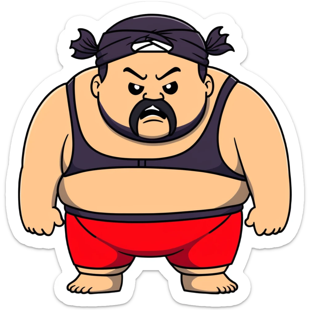 Close-up of morbidly obese white skin guy with young face, prominent BLACK DURAG tied clearly on head, distinct black beard and mustache, no muscle, black eyes in a red and black wrestling singlet with angry face sticker