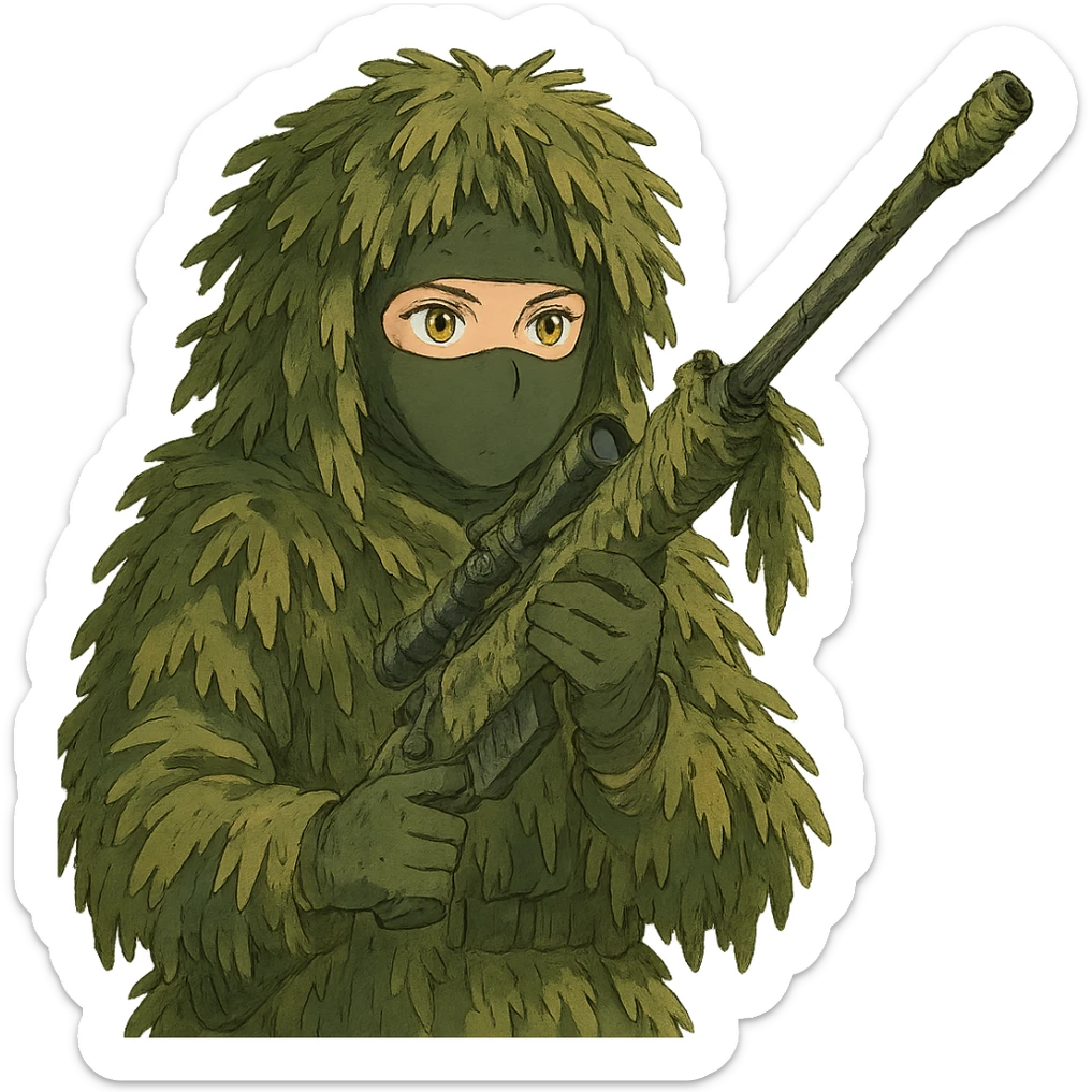 1 female, gold yellow eyes, face covered green balaclava, full military ghillie sniper camouflage, rifle up, camouflaged rifle wrap sticker