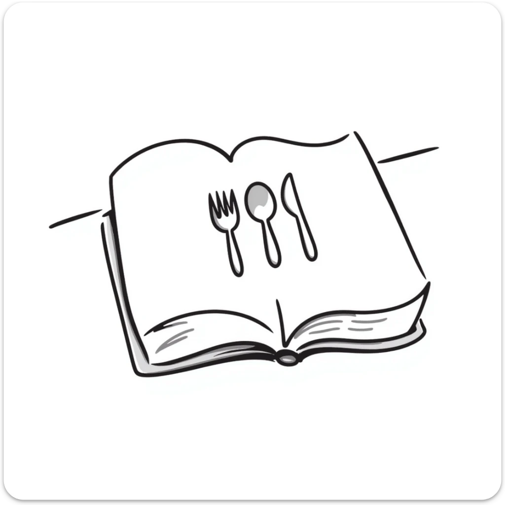 Closed cookbook with a fork and spoon symbol on the cover – collection of recipes sticker