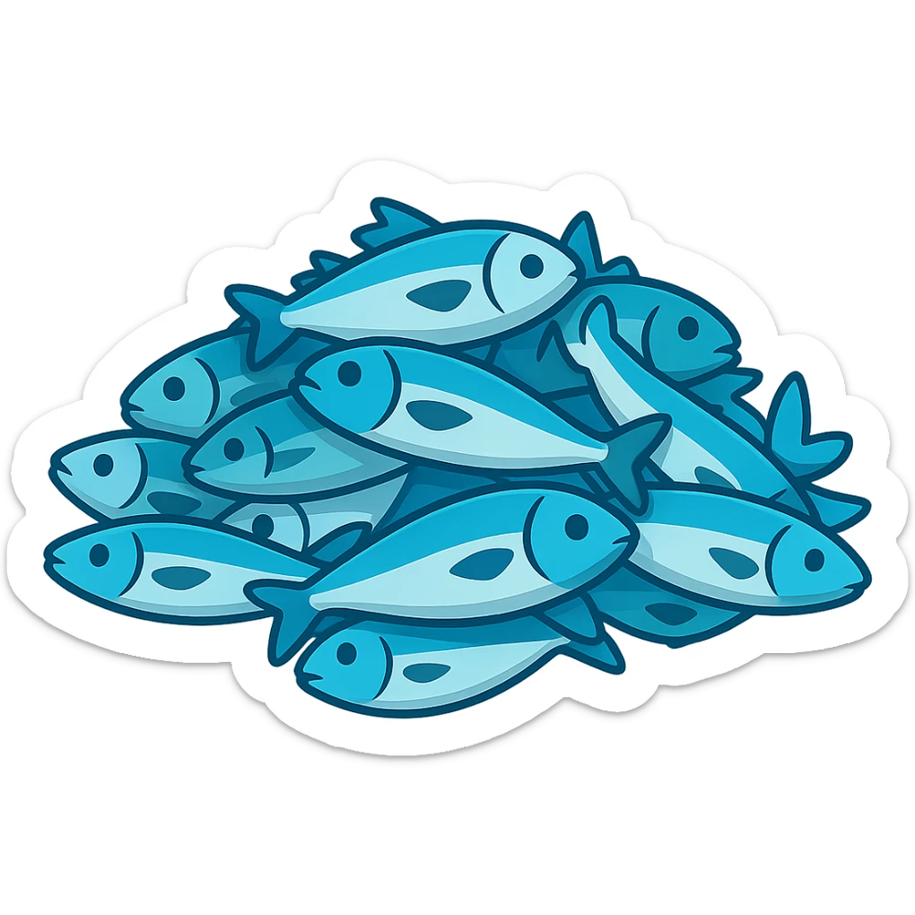 Create a large pile of blue fish in emoji style. The image should resemble apple style emojis with concise details and vibrant blue colors. This is the base version. sticker