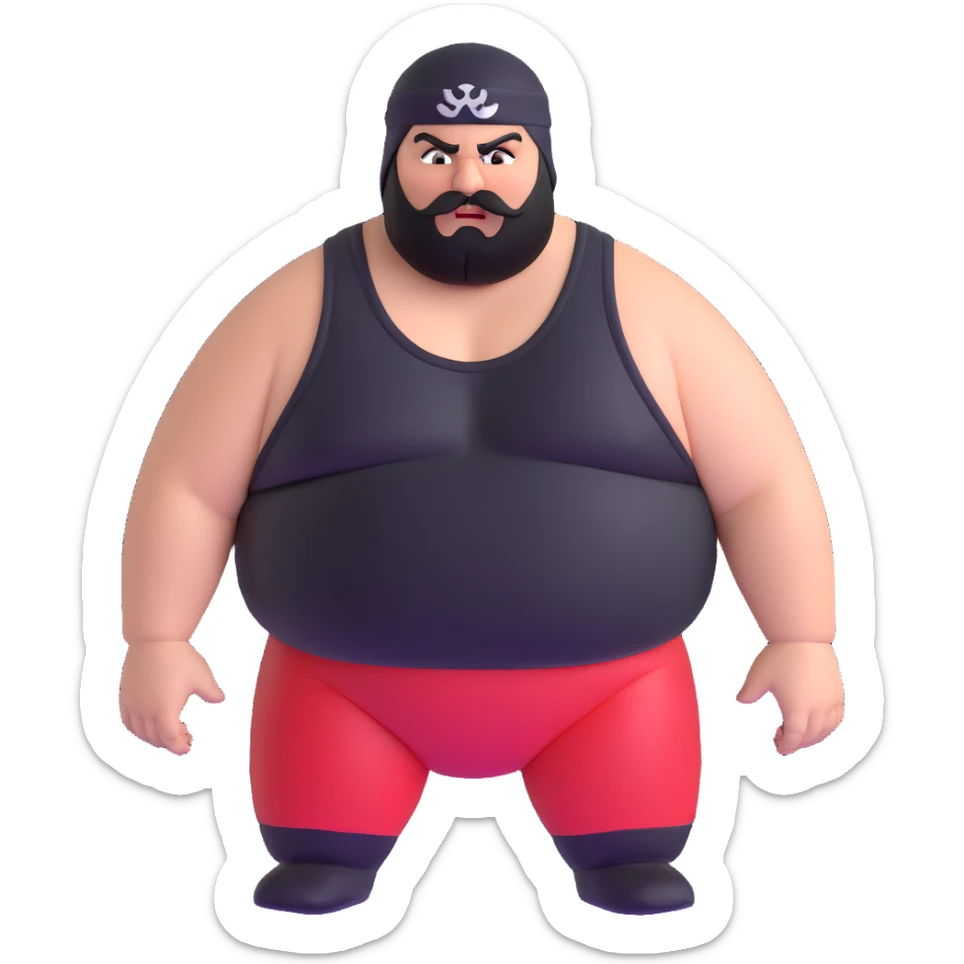 Close-up of morbidly obese white skin guy with young face, prominent BLACK DURAG tied clearly on head, distinct black beard and mustache, no muscle, black eyes in a red and black wrestling singlet with angry face sticker