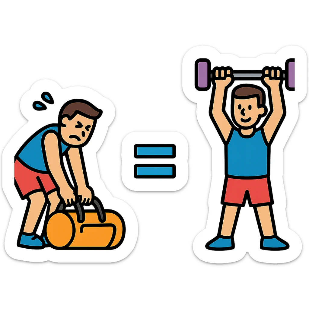 The picture is devided into two parts  the firts picture shows asportsman is struggling to lift a gymbag, the second one show the same sportsman doing a workout. There's sybmol equal between these pictures sticker