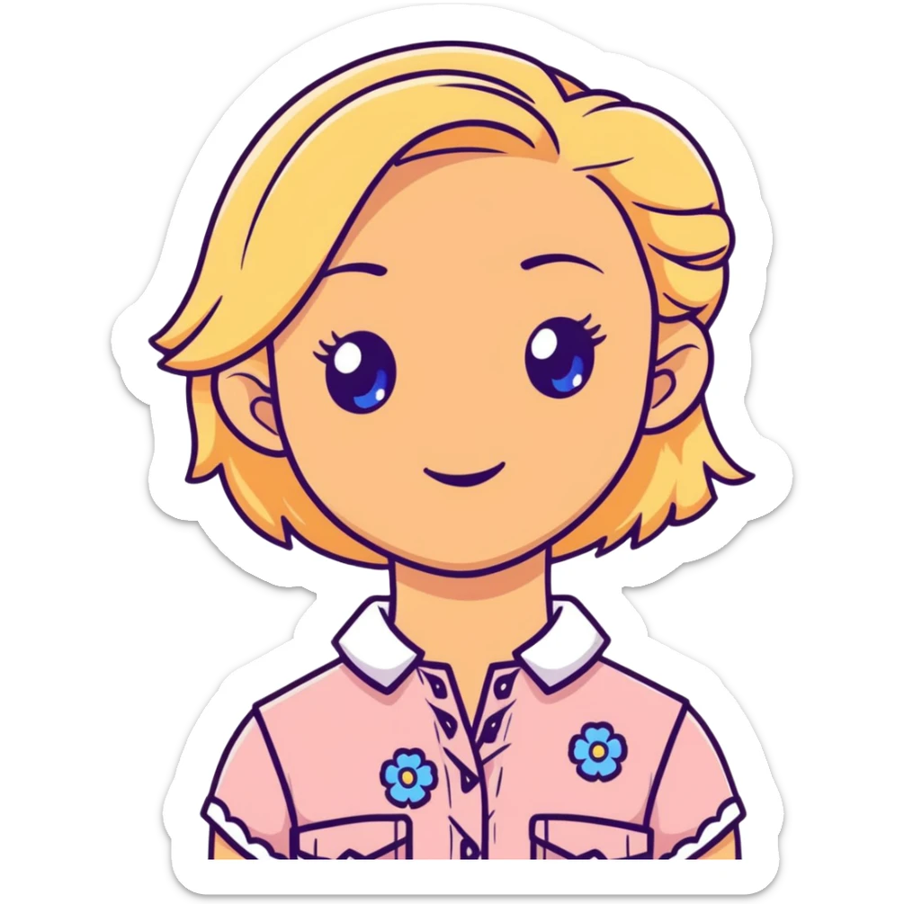 preppy coastal teen girl with blue eyes, beach blonde hair, tan skin, small flowers in her ear, preppy beach outfit sticker