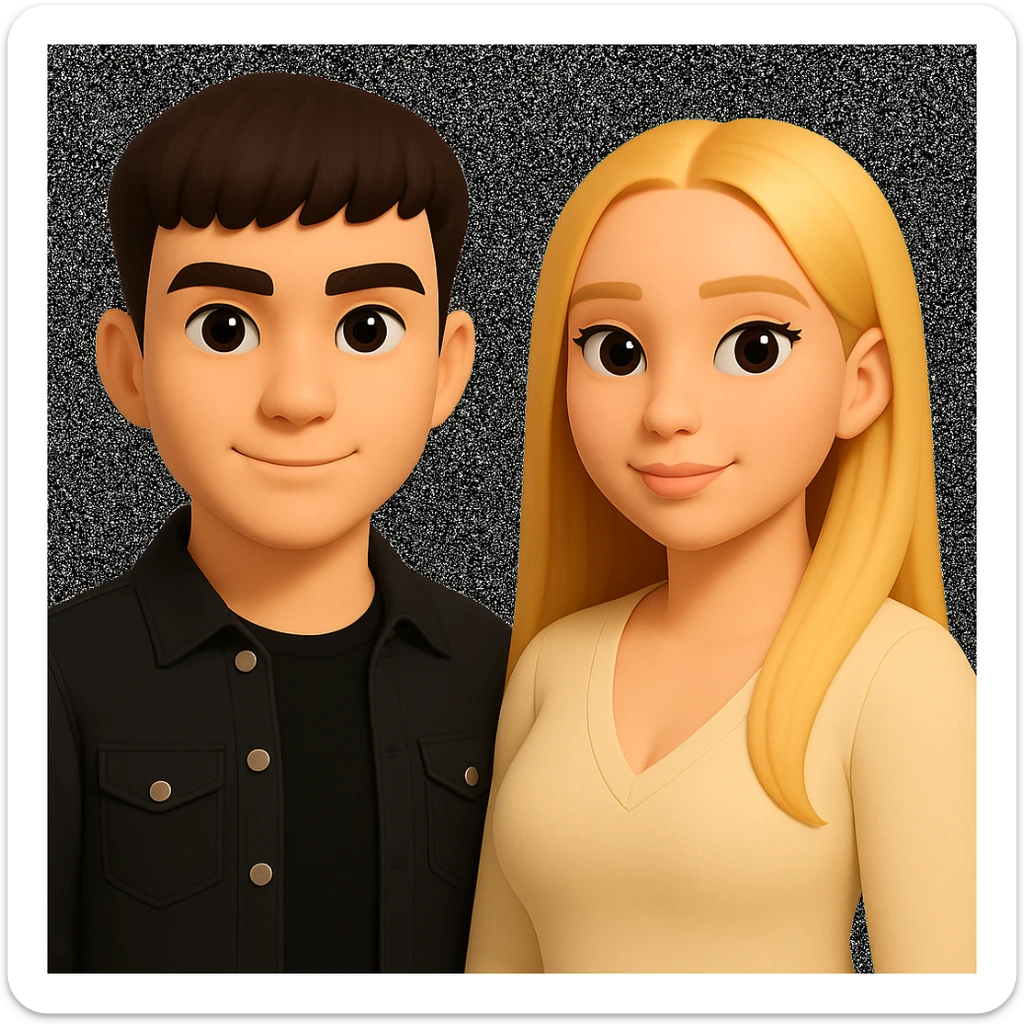 Slightly increase the volume of the upper body of the girl, spread them far apart from each other, make the skin color the same for both characters, while preserving the cartoonish 3D style as seen in the reference image. sticker