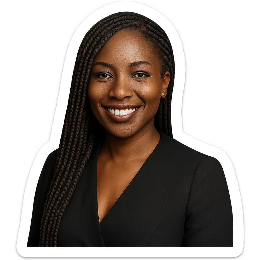 a Nigerian Black woman smiling with braided hair, elegant, warm expression, clear background sticker