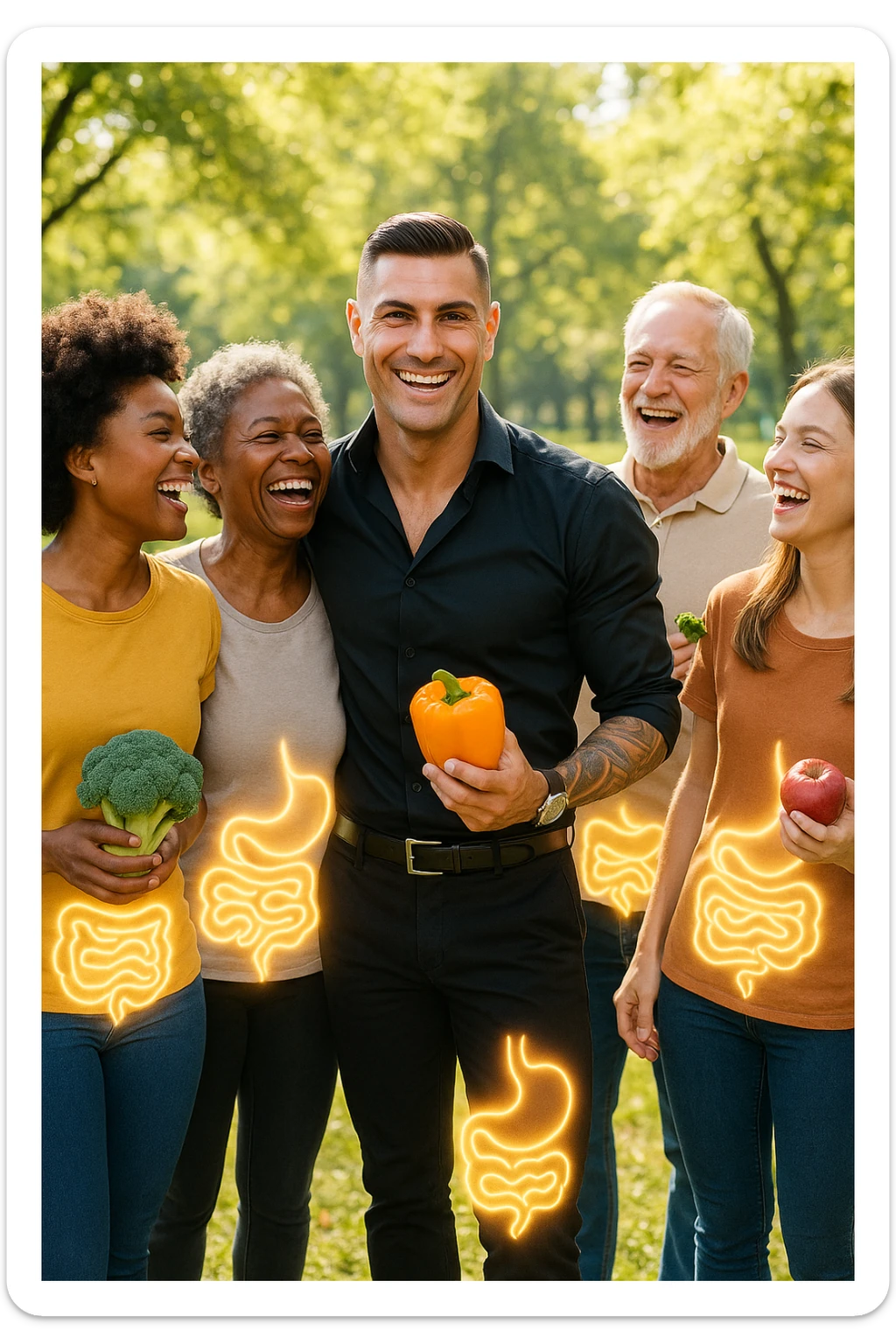  a smiling man stands at the center of a group of diverse, happy people in a bright park. Everyone has a subtle, glowing outline around their abdominal area, symbolizing a healthy gut. The group is laughing, sharing fresh fruits and vegetables, and the atmosphere is vibrant and full of energy. sticker