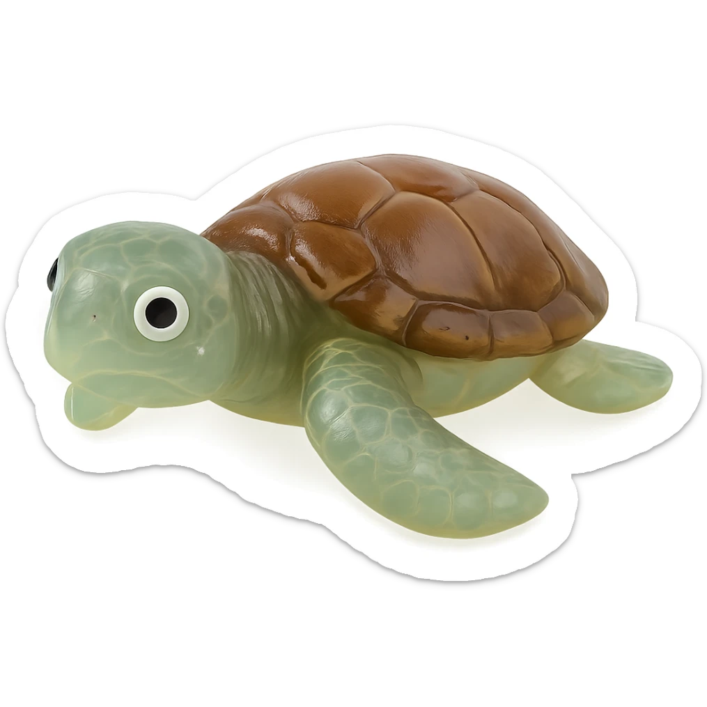 hyper-detailed retro 90's toy style sea turtle, very transparent, natural green with brown shell, soft plastic, derpy eyes, soft reflections, soft and squishy, some cloudiness, not shiny, highly detailed, appealing, no tag, no background sticker