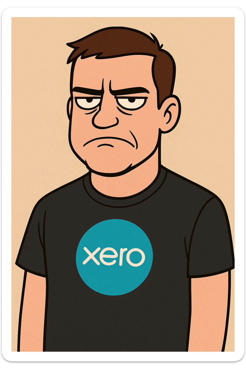 Create a cartoon style image of a man with short brown hair, wearing a black Xero t-shirt, with a not amused expression. Use a simple background. sticker