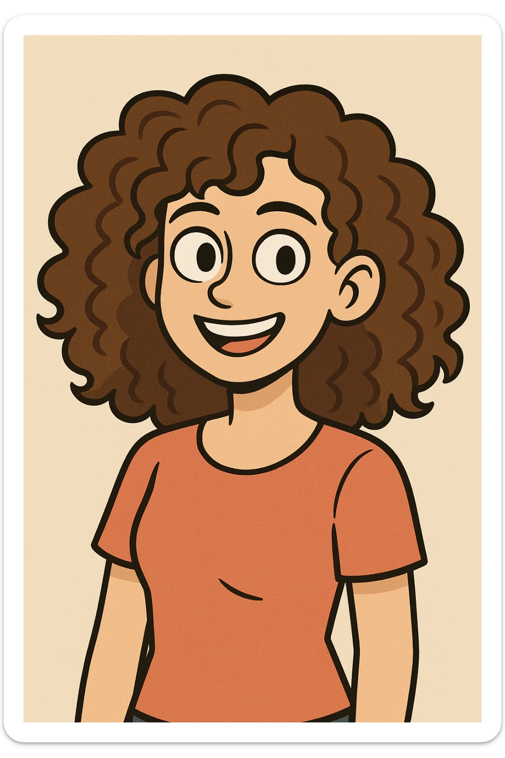 white girl with brown eyes and brown hazelnut curly hair 3b-3c, smiling, upper body, plain background, cartoon style sticker