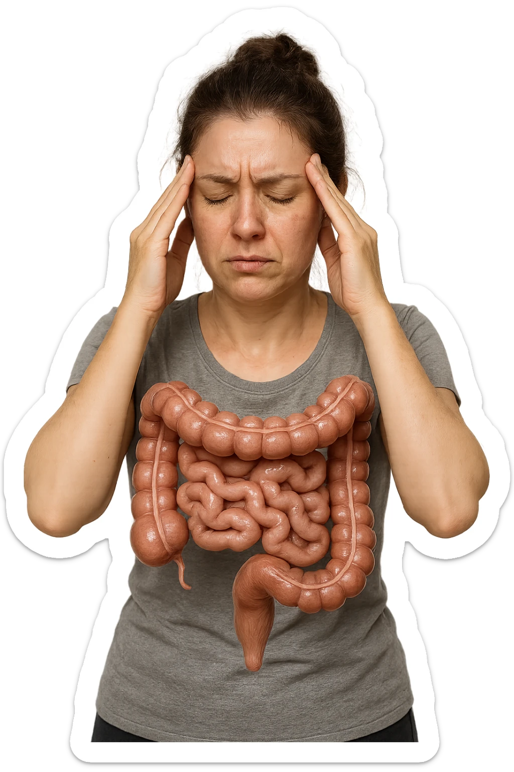 donna molto stanca e stressata che si massaggia le tempie con intestino umano anatomico realistico in evidenza, sfondo bianco, iperrealistico 4k sticker