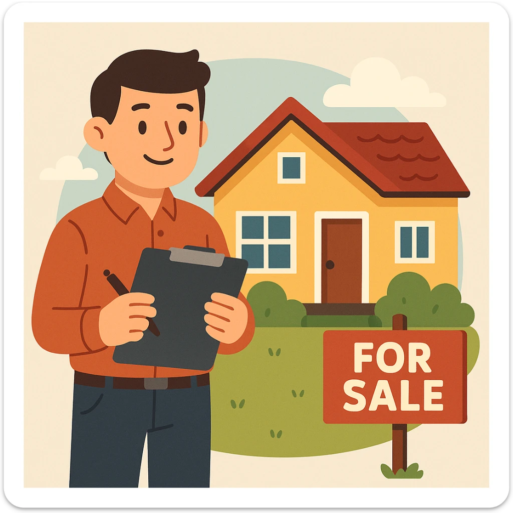 flat toon style person with a clipboard in front of a house for sale sticker