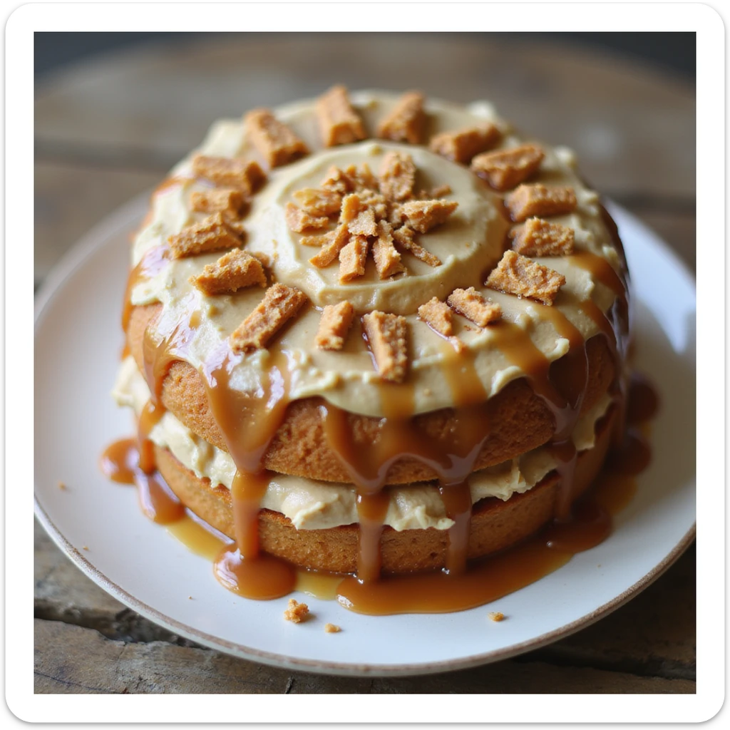 realistic round cake with caramel frosting and caramel shards, photorealistic style sticker