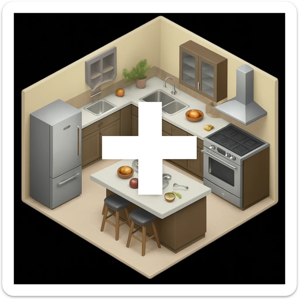 Add a prominent plus (+) symbol to the kitchen emoji in the image, ensuring it is clearly visible and does not obscure key details. Keep the overall style and perspective consistent with the original image. sticker