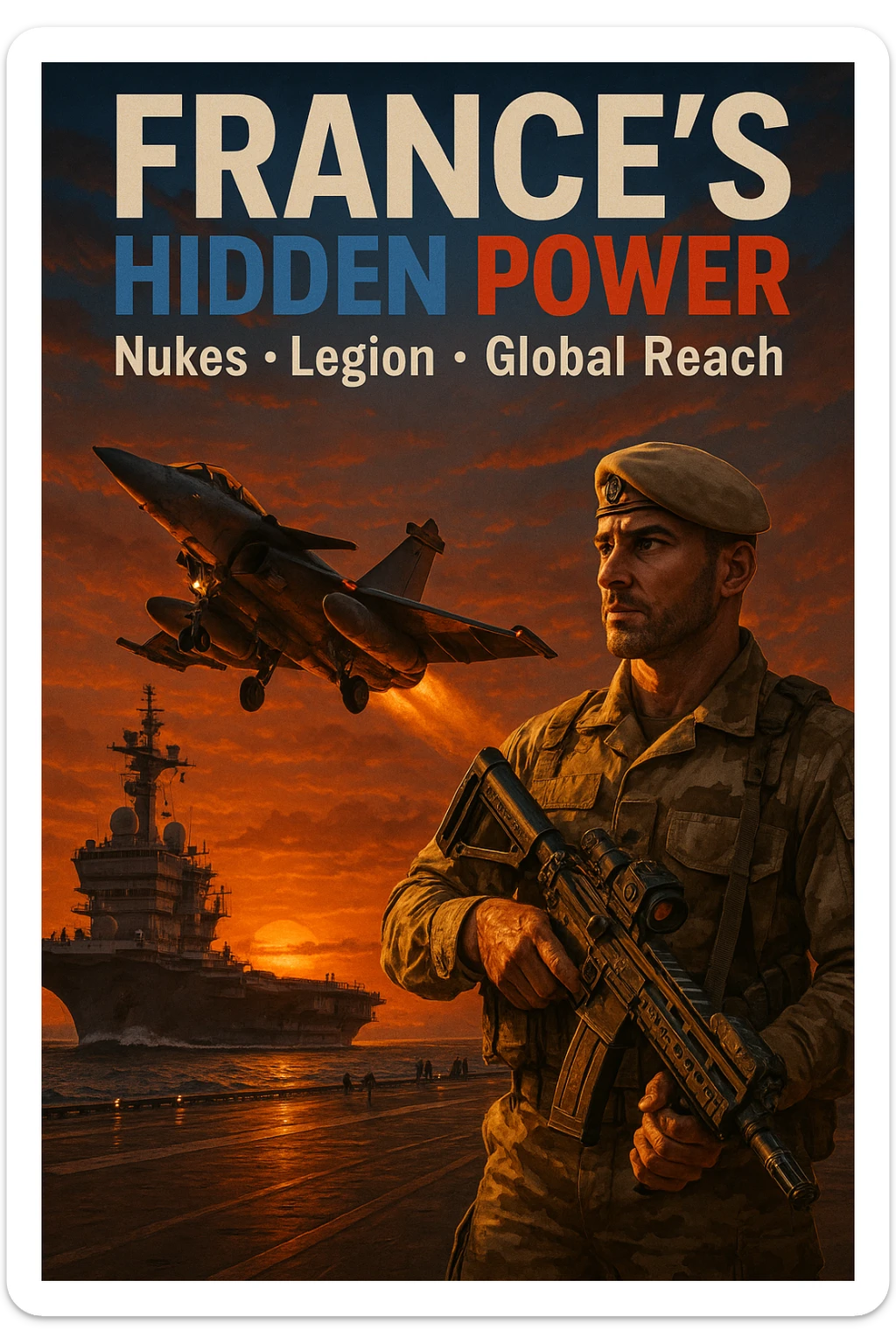 cinematic dusk scene of Rafale jet launching from Charles de Gaulle carrier with glowing orange sunset, foreground with Foreign Legionnaire in desert camouflage holding a high-tech rifle, bold tricolor headline 'FRANCE’S HIDDEN POWER', subtext 'Nukes • Legion • Global Reach', 8K, epic style sticker