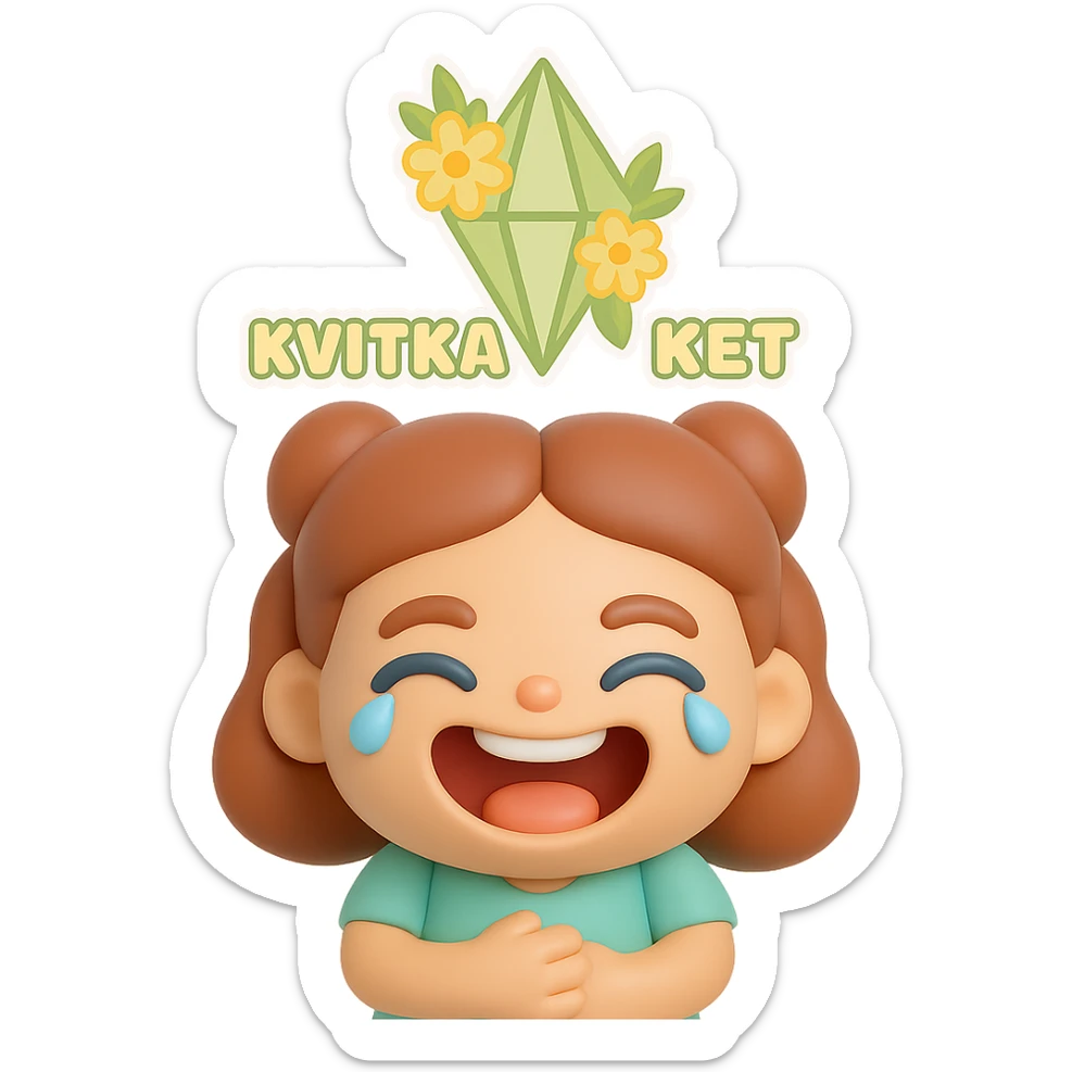 Create a vinyl figure style sticker of the girl from the reference image, laughing hard, holding her stomach, tears of laughter, joyful and lively. sticker