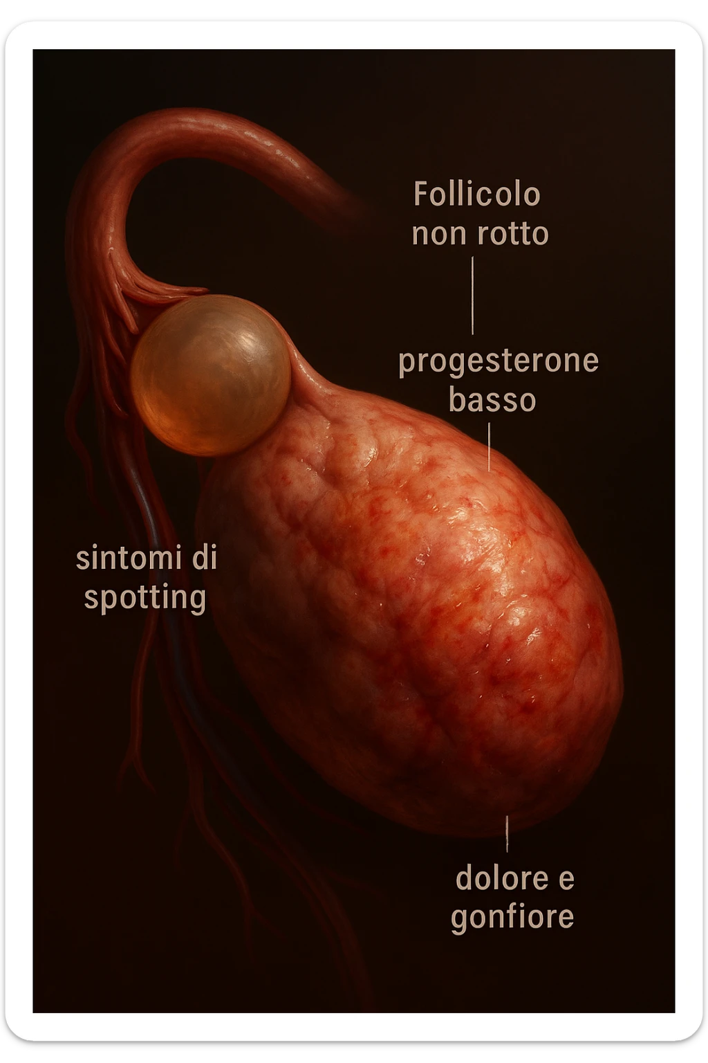 realistic and cinematic illustration of an ovary with an unruptured follicle, low progesterone, hormonal fluctuations, symptoms of spotting, pain and swelling, clinical details, captions in Italian sticker