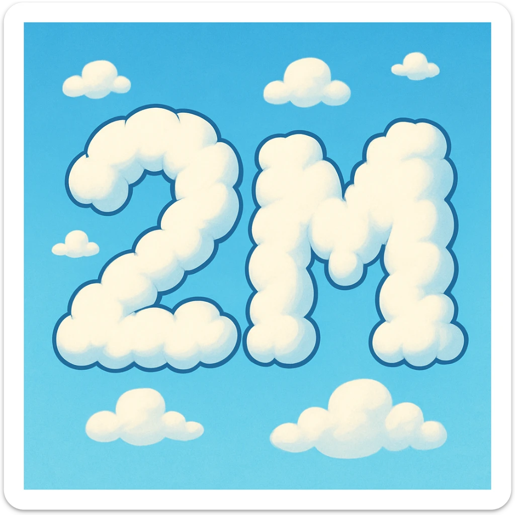 The number two and the letter M in a cartoonish cloud formation, bold and playful sticker