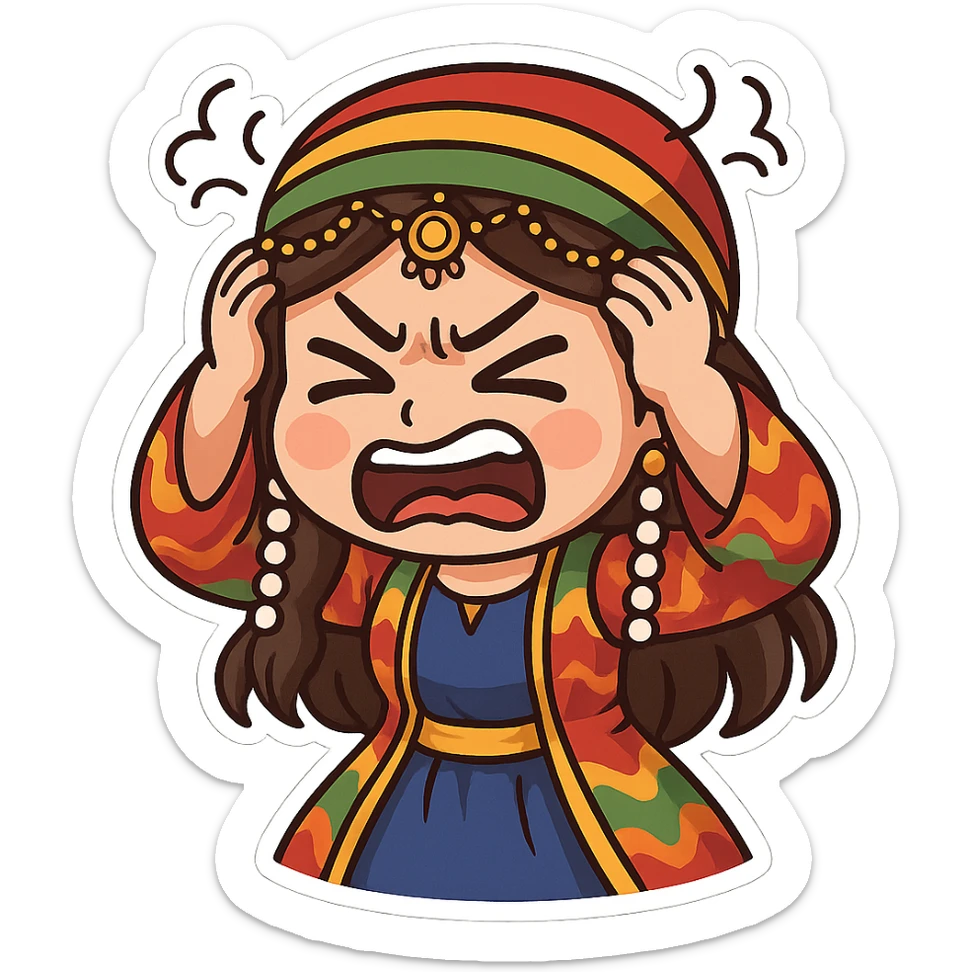 Cartoon sticker of a Kurdish woman wearing traditional colorful and cheerful Kurdish female clothing, face showing anger and rage, both hands on the head as a sign of severe distress or anger, no shadow or color halo around the image, no text, suitable for WhatsApp and Instagram, with a completely transparent background. sticker