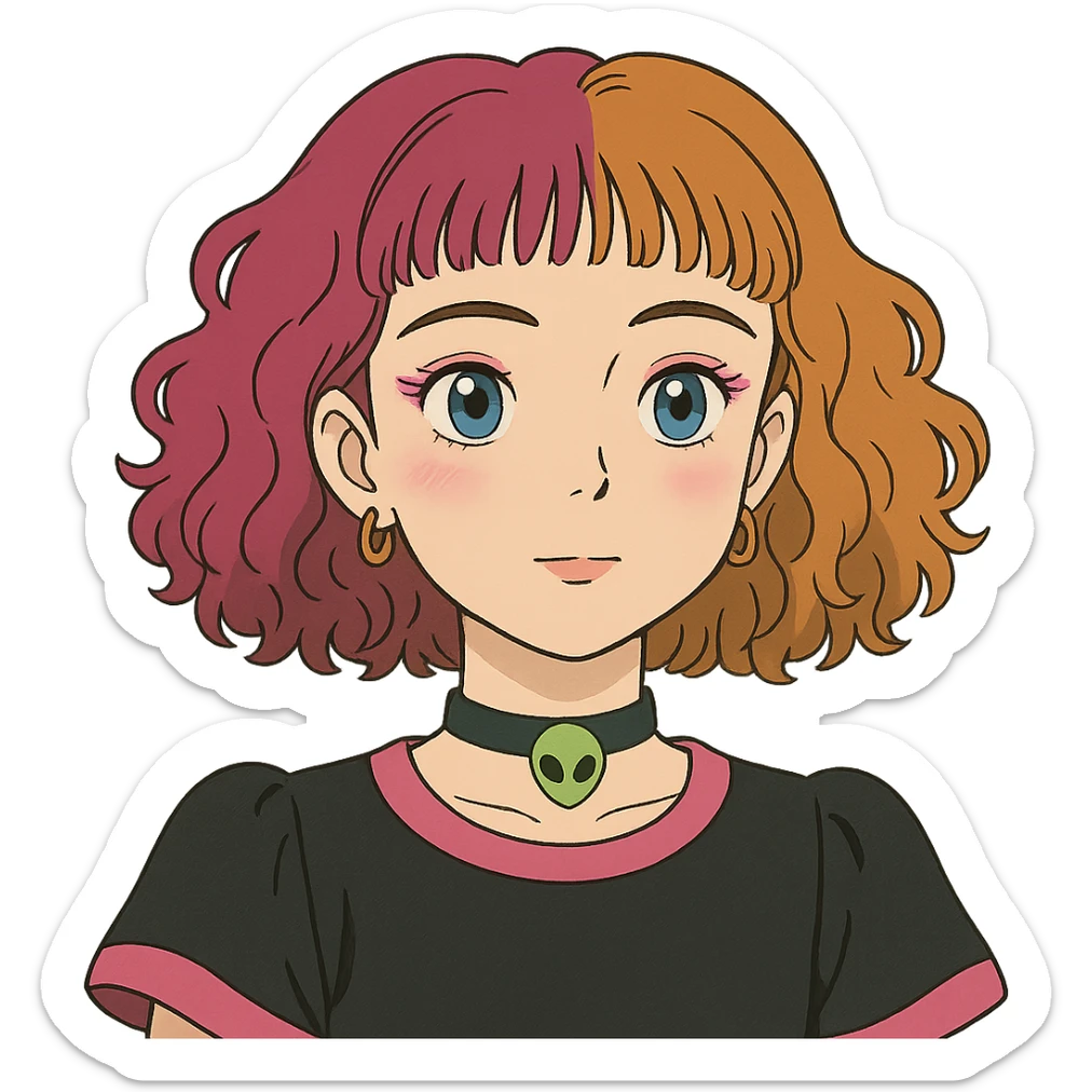 girl with blue eyes, pink makeup, narrow eyebrows, earrings, green alien head choker, black and pink blouse, curly shoulder-length hair, half hot pink half ginger, short straight baby bangs sticker