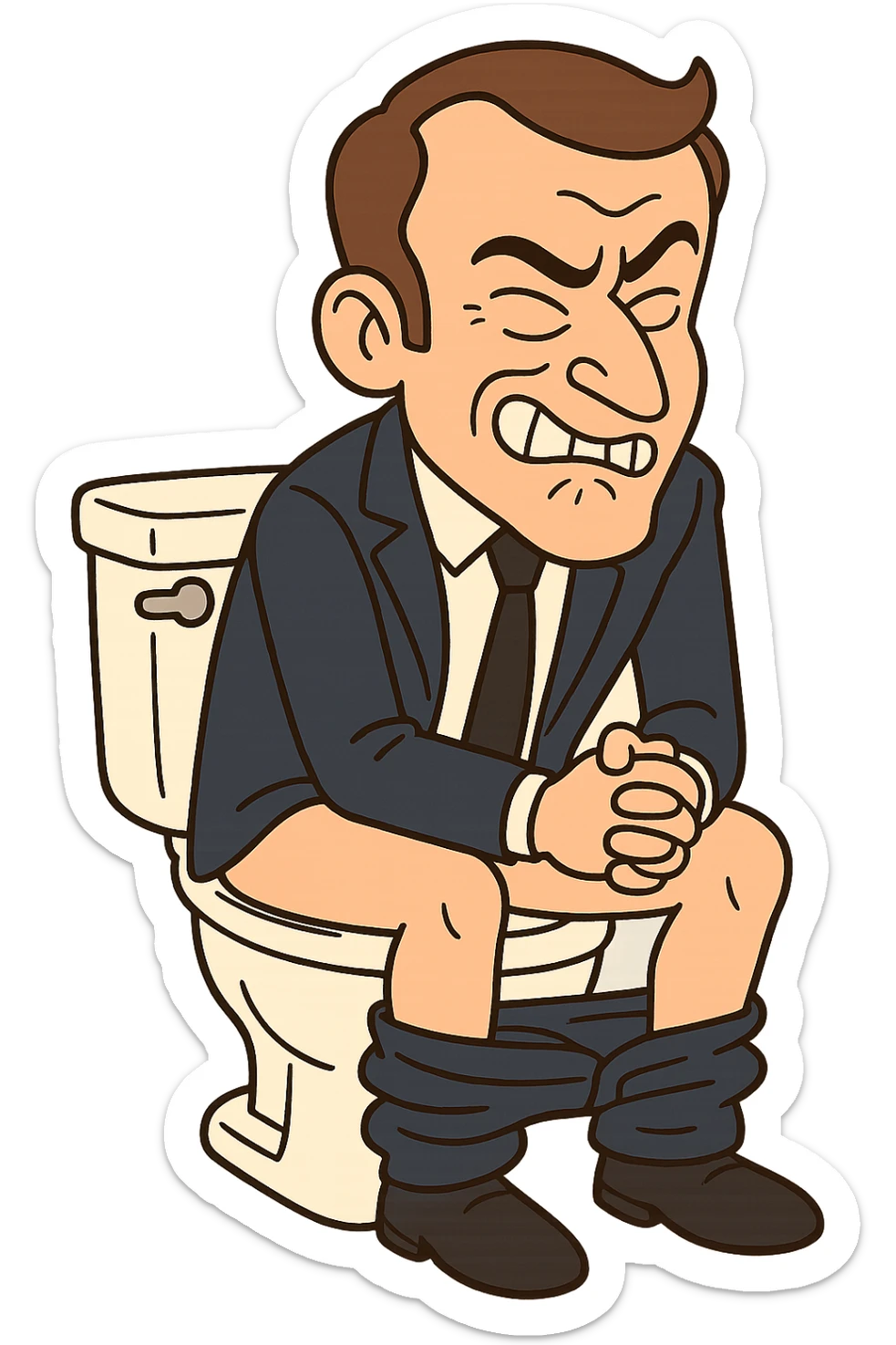 cartoon character of Emmanuel Macron sitting on a toilet, making a funny face, humorous and lighthearted style, no explicit details, suitable for all audiences sticker