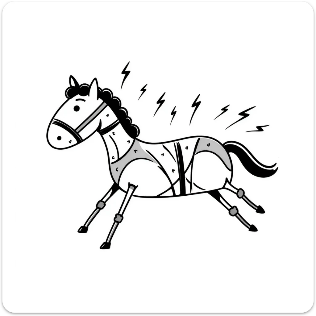 Sketchy electric horse made of metal plates and electrical wires, with lightning bolts shooting off as it gallops at high speed sticker