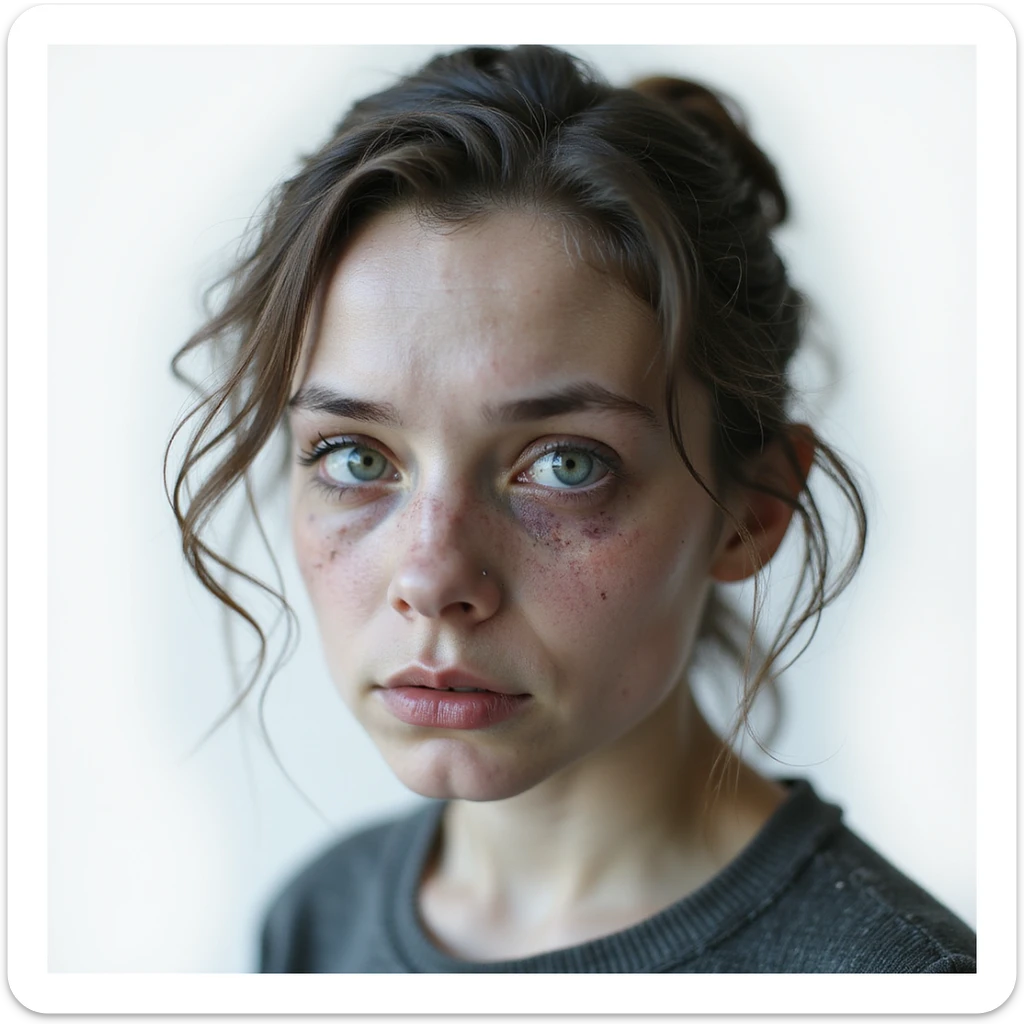 young woman with vitamin B12 deficiency, very pale skin, marked dark circles, slightly bluish lips, dull and fragile hair, expression of extreme fatigue, hyperrealistic 4K details, vertical 9:16, white background sticker